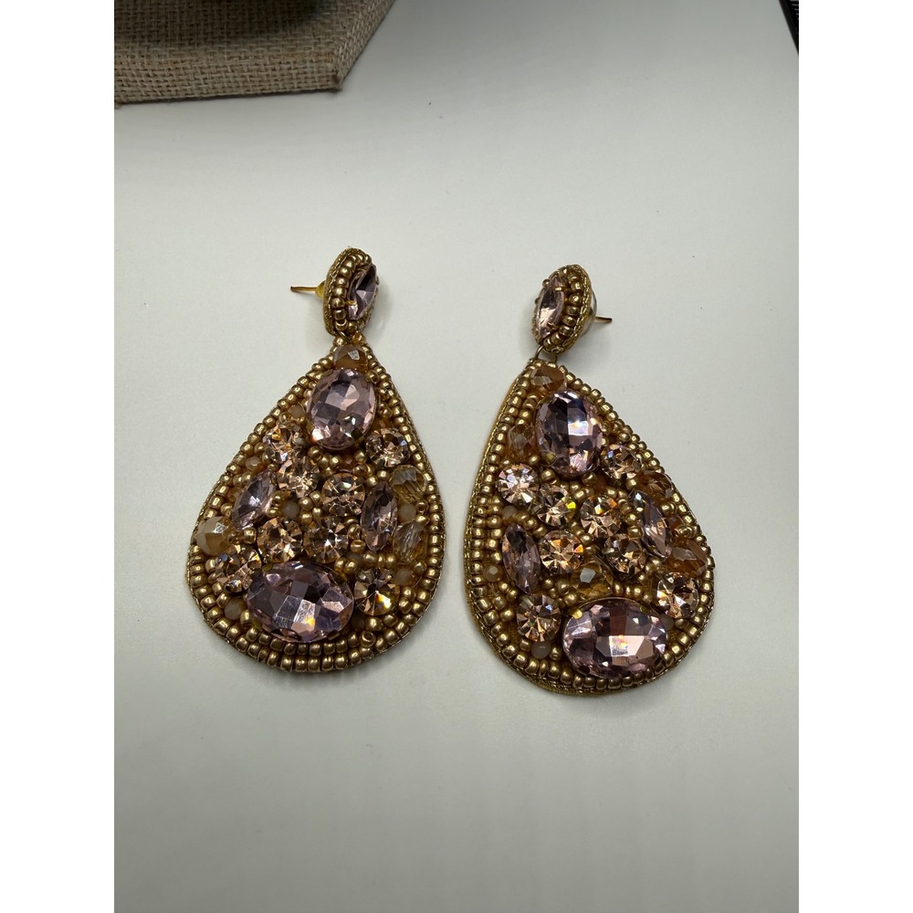 Pink Gold Beaded Teardrop Statement Earrings Rhinestone‎ Crystal Large Drop Boho